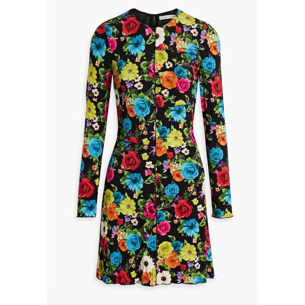 Alice + Olivia Delora Paneled Floral Long Sleeve‎ Mini Dress Black Multi Size 8